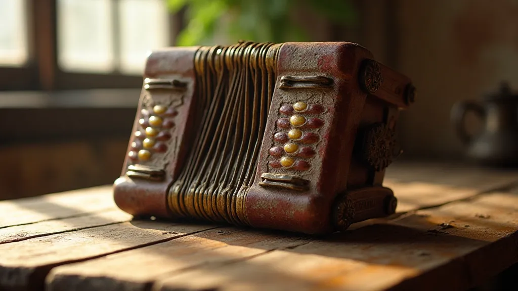 Antique accordion on a wooden table in sunlight