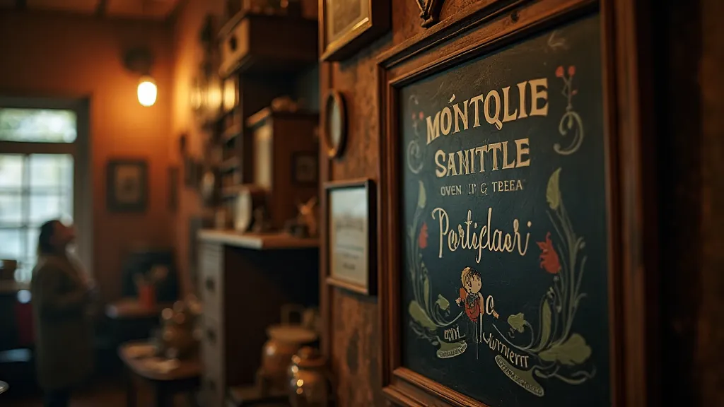 Hand-lettered chalkboard sign in an antique shop.