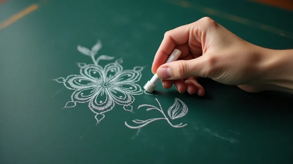 Hand drawing a floral illustration with chalk on a chalkboard.