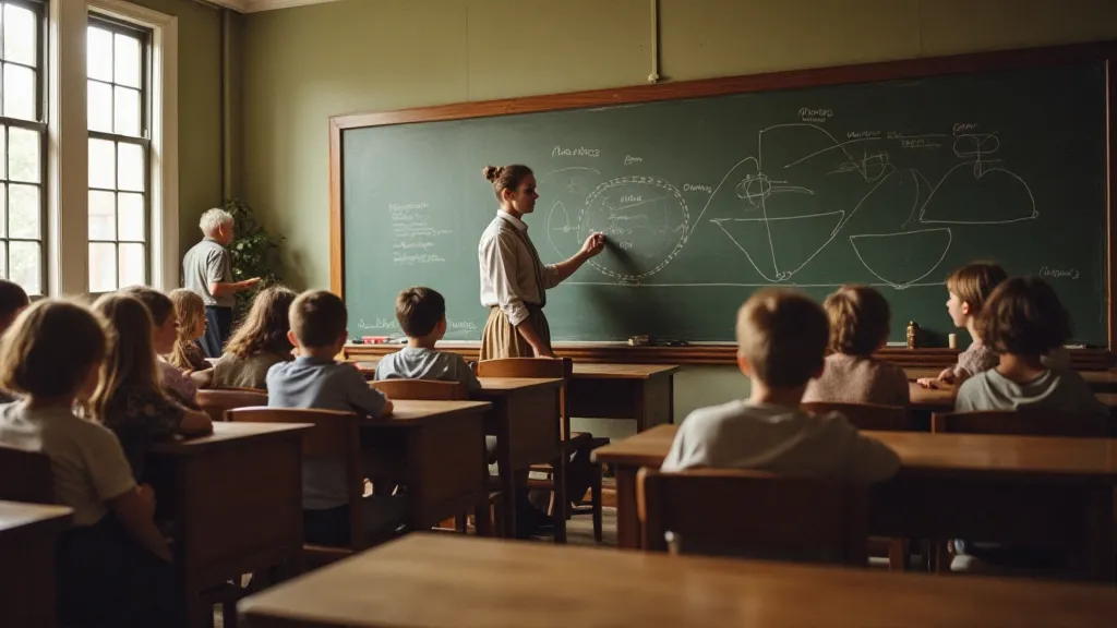 Vintage classroom with teacher writing on a blackboard