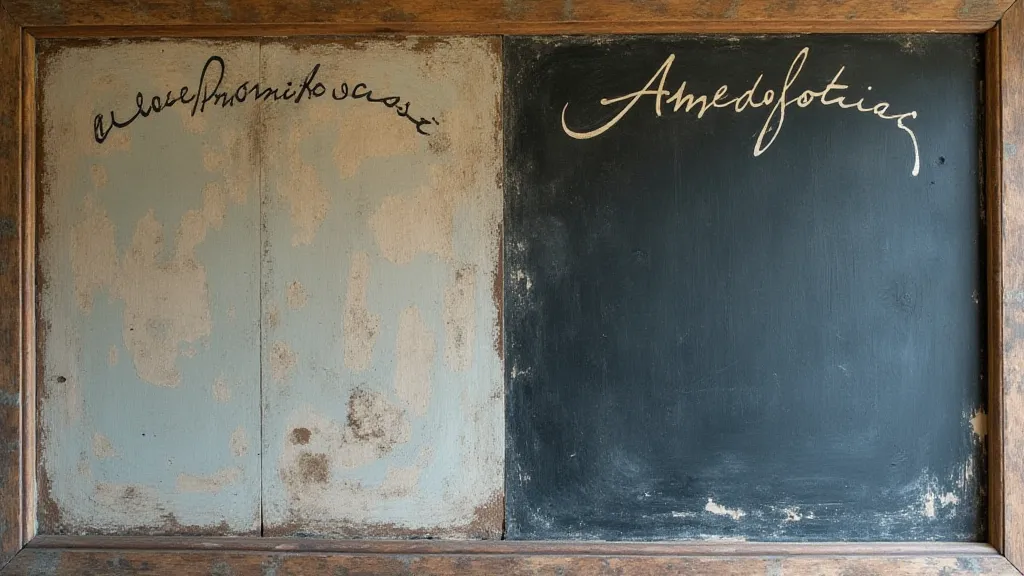 Partially restored antique chalkboard showing original and repaired sections